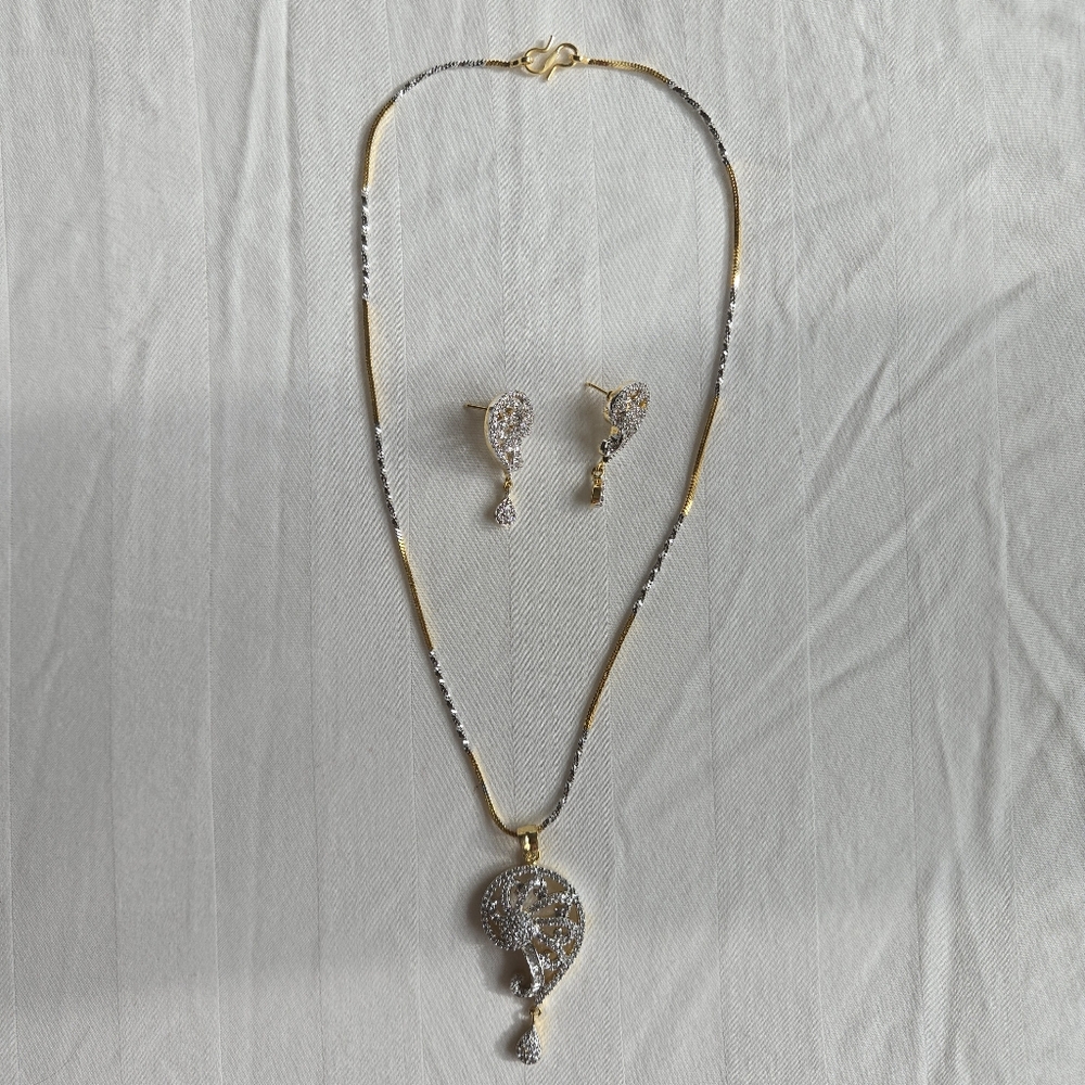Indian Paisley Necklace Earring Set Gold silver cubic zirconia cz diamond
